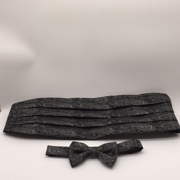 Bow Tie & Cummerbund Black Grey Paisley with Box - Picture 8 of 11